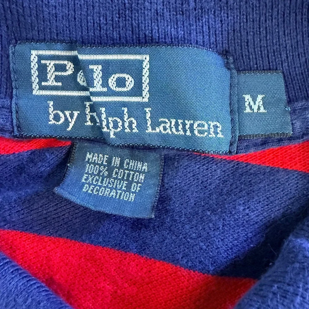 Vintage Polo Ralph Lauren Polo Shirt Mens M Red Blue Striped Cotton Short Sleeve